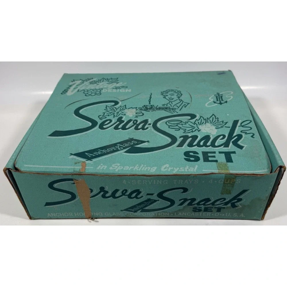 Anchor Hocking Serva-Snack Set 8pc Clear Glass Grape Pattern Vintage Boxed Set